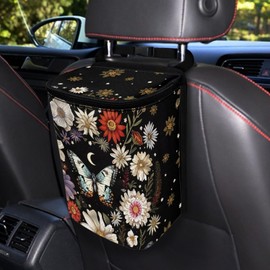 Guevoxuh Washable Car Trash Can Hanging Car Garbage Bag for Back Front Seat Console Retro Butterfly Moon Stars Colorful Flower Pattern Cooler & Storage Bag Automotive Garbage Cans