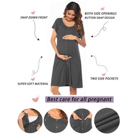 Ekouaer Hospital Gown for Labor and Delivery Nursing Dress Maternity Nightgown Breastfeeding Birthing Gown with Button Dark gray XL