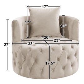 INZOY Swivel Barrel Chair with Velvet Fabric, Swivel Accent Chair Modern Chair with Plump Pillow, Comfy Round Accent Chairs Swivel Chair for Living Room Bedroom, Beige