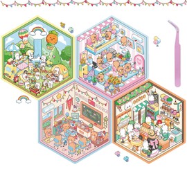 4 Sets DIY 3D House Stickers,Make Your Own Warm Home,Fun Cute Cartoon Stickers Scene Make Your Own Mini Room Scenes Miniature Supermarket for Relief Stress Pass The Time