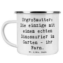 Mr. & Mrs. Panda Camping Emaille Tasse Spruch Urgroßmutter Farn - Geschenk, humorvoller Spruch, Edelstahl Trinkbecher, Emaille Tasse Camping, Tasse
