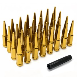 LUJIANI 1/2"-20 Wheel Spike Lug Nuts, 32 PCS Lug Nut Wheel Accessories with 1 Socket Key, Gold Thread Spiked 4.4" Tall Closed End Nuts Compatible with Wrangler Cherokee Liberty