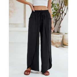 BMJL Womens Wide Leg Summer Pants Flowy Side Split Palazzo Beach Pants Boho High Waisted Trousers(2XL,Black)