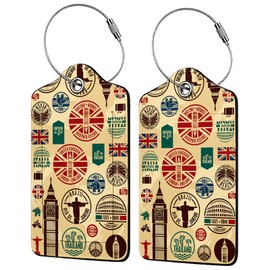 Travel Icons 2 Pack Luggage Tag for Suitcase, Cute Unique Leather Bag Tags Identifiers Privacy Cover ID Label with Steel Loop for Women Men Kids Girls Travel