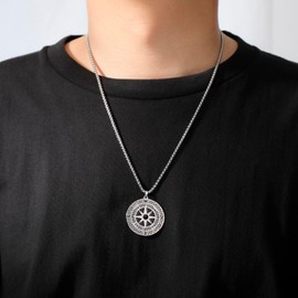 Amaxer Compass Pendant Necklace for Men Travel Adventurer Amulet Stainless Steel Jewellery Box Chain Necklace, Stainless Steel, No Gemstone