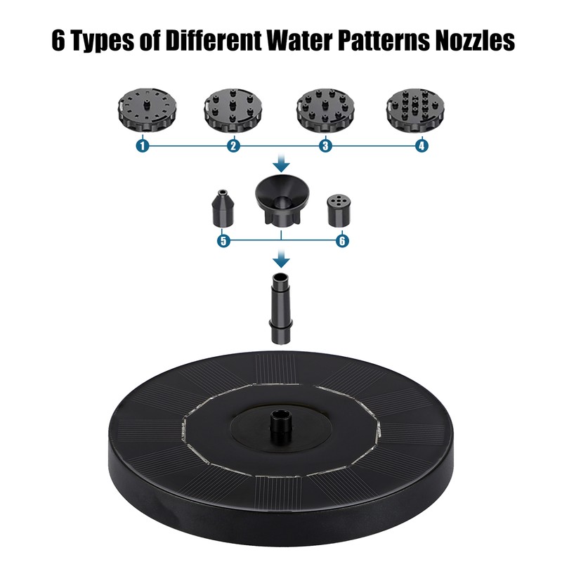 1.5W Solar Fountain Pump with 6 Nozzles Free Standing Water