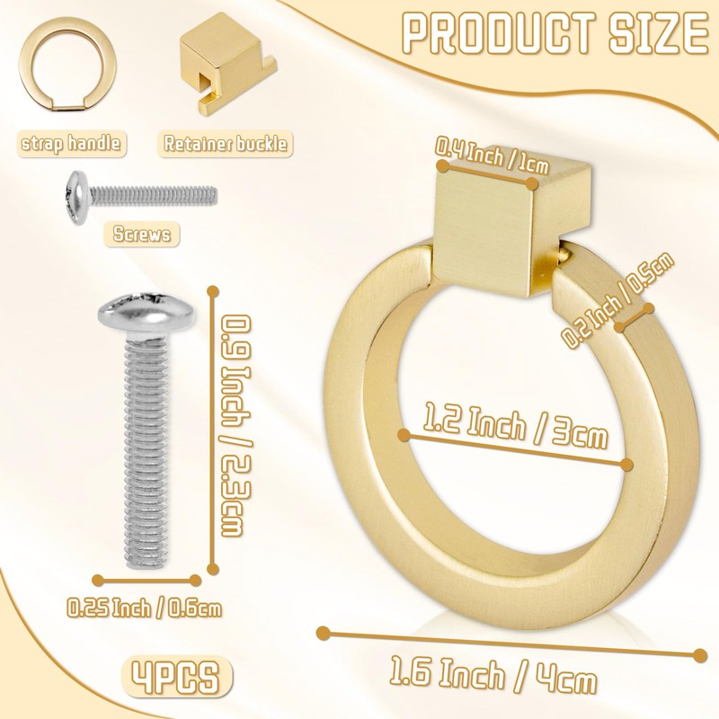 4 Pack Cabinet Knobs, Gold Drawer Pulls, Ring Pulls for