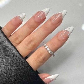 DANMANR Square Press on Nails Short Fake Nails French Acrylic Full Cover False Nails for Women and Girls 24PCS (White French)