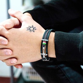 ESTUYOYA - Leather and Stainless Steel Bracelet Italian Flag and Cross Design with Anti-Lost Security Clasp Adjustable Size Unisex Charm
