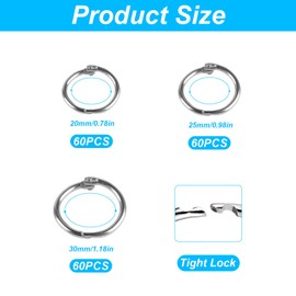 Pack of 180 Book Rings 20 mm 25 mm 30 mm, Metal Book Binding Rings, Loose Leaf Connectors, Book Binder Rings, Binder Rings, Index Cards, Rings for Scrapbook, Photo Album, Paper, Key Rings (Silver)