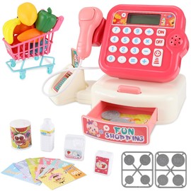 HomeChi Juego de Caja Registradora de 29 Piezas, Juegos Eléctricos de Simulación de Supermercado, Incluye Calculadora, Juego de Comida, Moneda, Carrito de la Compra y Más para Regalos de Niñas y Niños