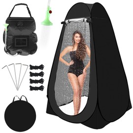 Pop Up Privacy Tent Camping Shower Tent Kit 2 Pcs, 5 Gallon Solar Shower Bag Waterproof, Instant Tent Easy Set Up and Foldable, Privacy Tent for Portable Toilet,Hiking,Fishing,Beach,Washing,Black