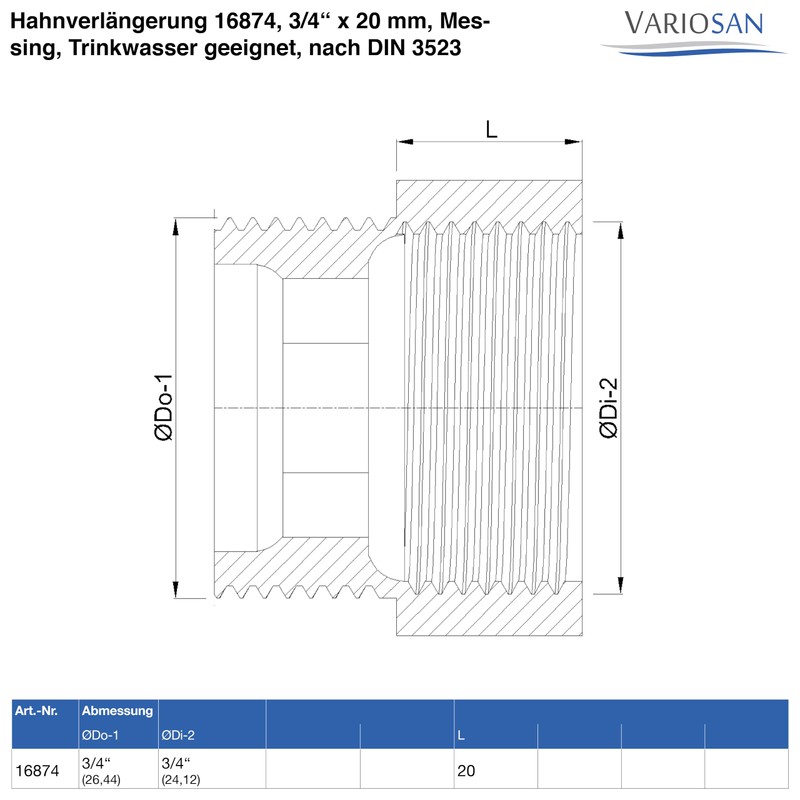 VARIOSAN Tap extension 16874, 3/4 inch x 20 mm, brass,