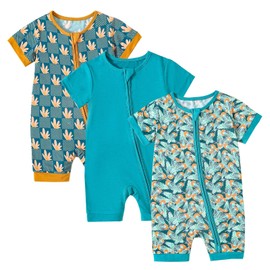 OPAWO Baby Girl Pajamas 3 Pack, 2 Way Zipper Sleepers Baby Girl Girl Romper, Toddler Summer Clothes Outfits 0-24M(Flower/Leaf/Lake Blue,12-18 Months)