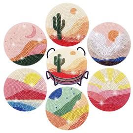 6pcs Diamond Coasters Art Painting Kit, Abstract Landscape Plant Art Diamond Round Coasters with Holder, Diy Craft Kits for Adults Kids Beginners