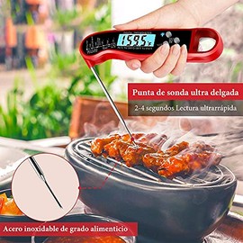 Termómetros para Carne Impermeable - Termómetro Digital de Cocina Inoxidable con Lectura Instantánea Pantalla LCD y Plegable de la Sonda de Metal Larga para Leche Barbacoa Parrilla Carne BBQ
