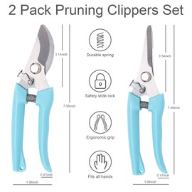 2 Pack Pruning Shears, Stainless Steel Garden Shears, Sharp Bypass & Straight Blade Garden Scissors, Comfortable Grip & Safety Lock for Pruning, Cutting and Fruit Picking