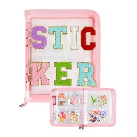 Reusable Sticker Book With Chenille Letters, Sticker Organizer Binder Storage Display Book Collecting Album Sticker Keeper Holder Organizer with Zipper, A5 Sticker Album for Collecting Sticker (Pink)