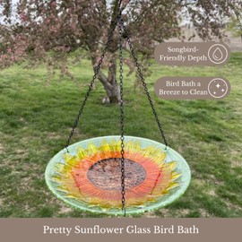 Songbird Essentials Sunflower Hanging Bird Bath, 13 Inch Colorful Glass Garden Birdbath