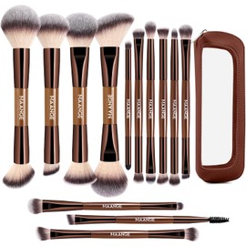 MAANGE Set Profesional de 13 Brochas para Maquillaje Doble Punta (26 Usos),Kit Brochas de Maquillaje Completo para Base Líquida/Polvo,Contorno,Corrector y Sombras de Ojos(Café)