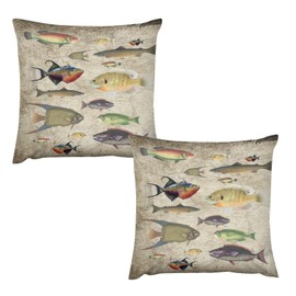 Farmhouse Fish Pillow Covers,Vintage Style Cabin Rustic Fishing Pattern Print Pillow Cases Plush Set of 2 Couch Bedroom Recliner Sofa Chair Car Living Room, 18x18in