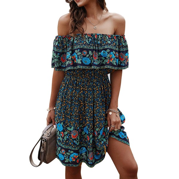 Vestido corto plisado con hombros descubiertos y estampado floral, estilo bohemio, sin tirantes, para verano, Azul Marino, L