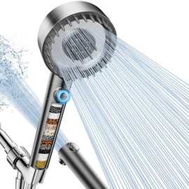 PWERAN Filtered Shower Head with Handheld, High Pressure 4 Spray Mode Showerhead with Filters, Water Softener Filter Beads for Hard Water with ON/OFF Switch for Pets - Remove Chlorine (Gray)
