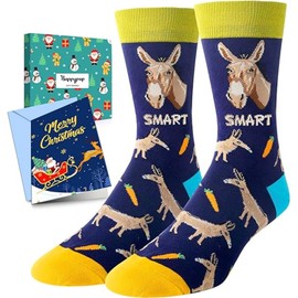 HAPPYPOP Christmas Funny Gifts for Men - Blue Christmas Stockings Secret Santa Socks for Teens Donkey Lovers With Greeting Card