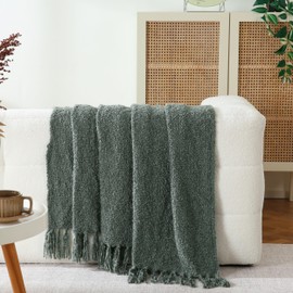 Moonline Boulce Knitted Throw Blanket - Cozy and Stylish Home Decor with Textured Basket Woven Pattern (50”x60,Olive Green)