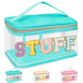 izuzta Chenille Letter Clear Makeup Bags Preppy Patch Makeup Bag with Handle, STUFF-Green