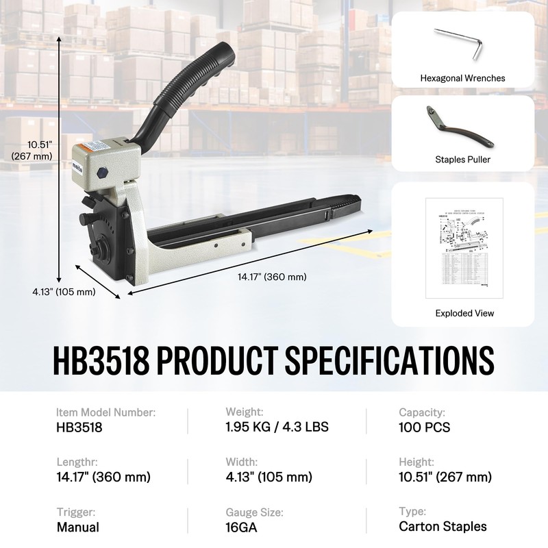 meite Box Stapler HB3518 Manual Carton Closer 16 Gauge Heavy