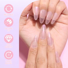 MOTIBACK Almond Press On Nails - 24PCS Medium Length False Nails with Jelly Glue, Almond Stick on Nails for Women, Bright Silver