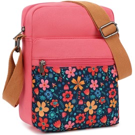 H HIKKER-LINK Canvas Messenger Bag Small Crossbody Bags for Womens Travel Bag Floral Cross Body Bags Purse Bag Pink