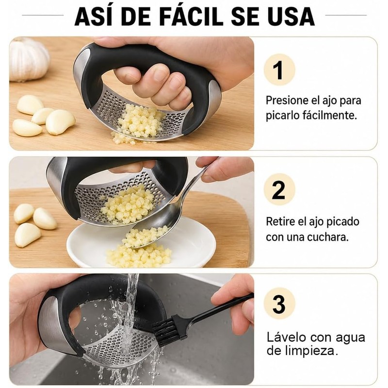 Prensador de Ajos de Acero Inoxidable con Mango Cómodo