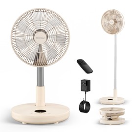 TriPole Foldable Standing Fan 12" Portable Rechargeable Battery Pedestal Fan with Remote, Timer Setting, Height Adjustable, for Home Office, 6 Speed, 12000mAh (Beige)