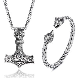 JeweBella Thor's Hammer Necklace Viking Wolf Head Bracelets Set for Men Mjolnir Stainless Steel Necklace Bracelets Cuff Odin Pendant Thors Necklace Viking Men's Jewellery, Stainless Steel