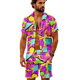 Artsadd 2 Piece Neon Outfit Men Hawaiian Shirts and Shorts Button Down 90s Costume Tracksuit Set 80s Neon Shirt Beach Party Outfit 2XL