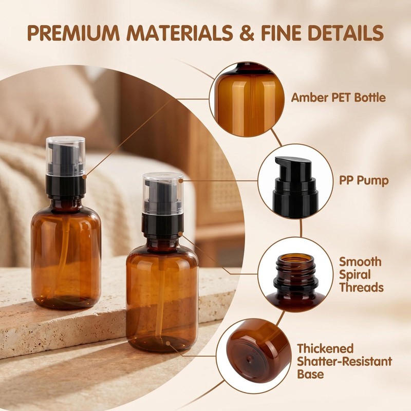 2 Pack 120ml/4oz Amber Plastic Pump Bottles, Refillable Empty Amber