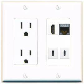 Wall Plate City CAT7 HD 2 USBC Port Wall Plate w/Power Outlet White