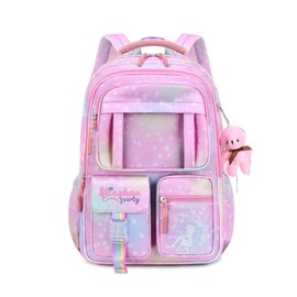 FANDARE Galaxy School Bags Children's Backpacks Casual Backpacks Ultra-Light Students Daypacks Bookbag for 4-9 Grade Daughter Son Travel Spring Outing with Plush Bear Pendant Waterproof Nylon Pink