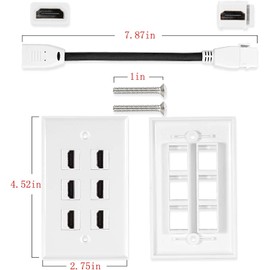 MXTECHNIC Single Port 4K HDMI Wall Plate Outlet Cover with 6 Inch Female to Female High Speed HDMI Pigtail Cable for Video Game Systems,TV Boxes(6-Port 2Pack)