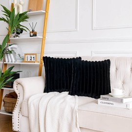 AmHoo Pack of 2 Decorative Throw Pillow Covers Faux Rabbit Fur Cozy Velvet Super Soft Fuzzy Striped Set Case Cushion for Couch Sofa Bedroom 18 x 18-Inch Black