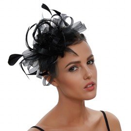 Panchitalk Fascinator Hat for Women, Mesh Flower Tea Party Headband Ribbons Feather Derby Headwear for Wedding Cocktail(Black)