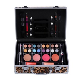 Cameo Cosmetics Premium 51pc Beauty Case Make Up Set with Reusable Aluminum Leopard Case - Eyeshadows, Lipsticks, Blushers, Lip Glosses, Brushes, Mirror Box, Applicators, Pencils