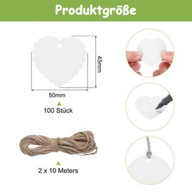 QUARKZMAN Pack of 100 White Gift Tags Gift Tags Wavy Heart Cards with 10 Metres Jute String for Gift Wrapping Christmas