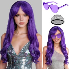 PLULON Dark Purple Long Curly Wigs with Heart Sunglasses for Women, Colored Curly Wavy Wig 28 Inch Synthetic Hair with Hair Cap for Neon Party Mardi Gras Costume Cosplay Bachelorette Club Stage