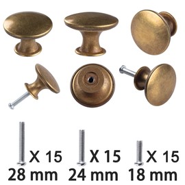 15 Pack Delicate Design Round Antique Brass Kitchen Cabinet Knobs Cupboard Door Knobs 1.18-INCH Yellow Bronze Drawer Handle Pulls Dresser Knobs with 15 Pcs Screws for Bathroom Drawer Door Hardware