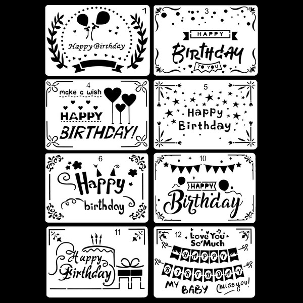 QZKJQDD Pack of 8 Birthday Stencils, Painting Stencils, Children's Stencils,