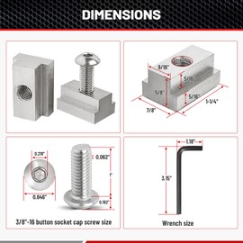 RED WOLF 3/8"-16 Thread T-Slot Nut for Toyota Tundra Tacoma Pickup Truck Cargo Bed Rail Deck Cleat Rack Trail 304 Stainless Steel Tie Down 6 Pack w/Button Socket Cap Screws Wrench
