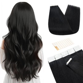 TESS Tape in Hair Extensions Human Hair 10 PCS #01 Jet Black - 14 Inch Seamless Invisible Real Hair Extension Straight 20g